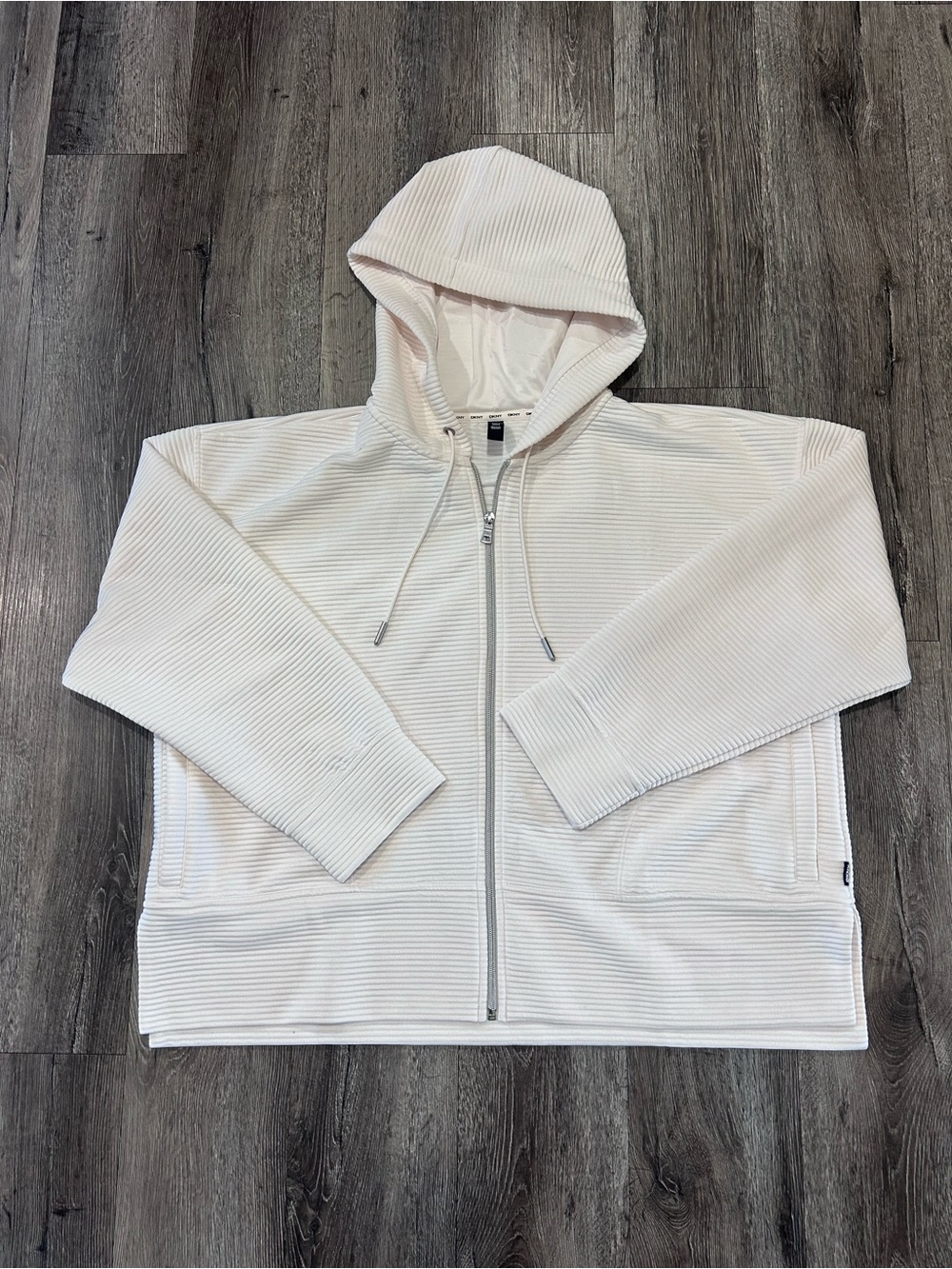 DKNY Ivory Ribbed Zip-Up Hoodie
